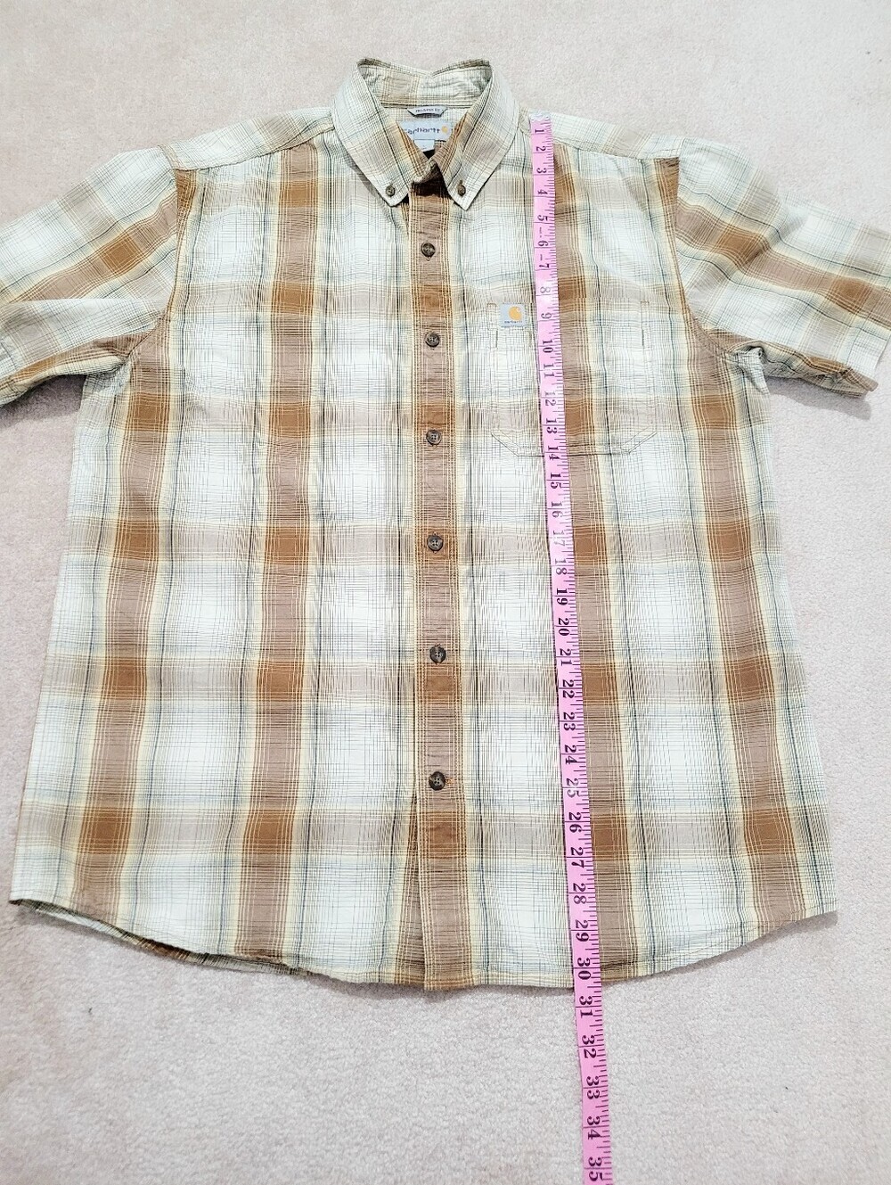Carhartt Relaxed Fit Plaid Button Front Shirt Mens Size Large Short Sleeve Beige - Picture 7 of 8